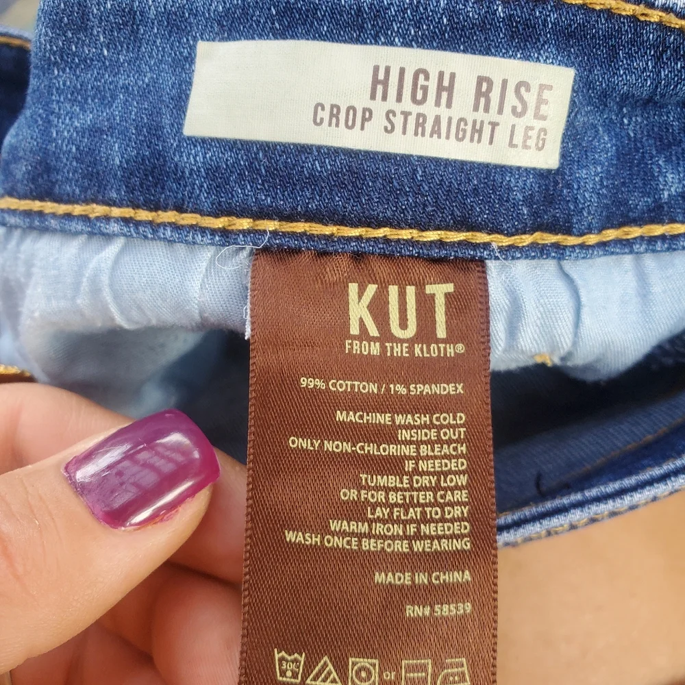 Kut From the Kloth Distressed High Rise Crop Straight Leg Raw Hem Jeans Size 16 - Picture 12 of 12